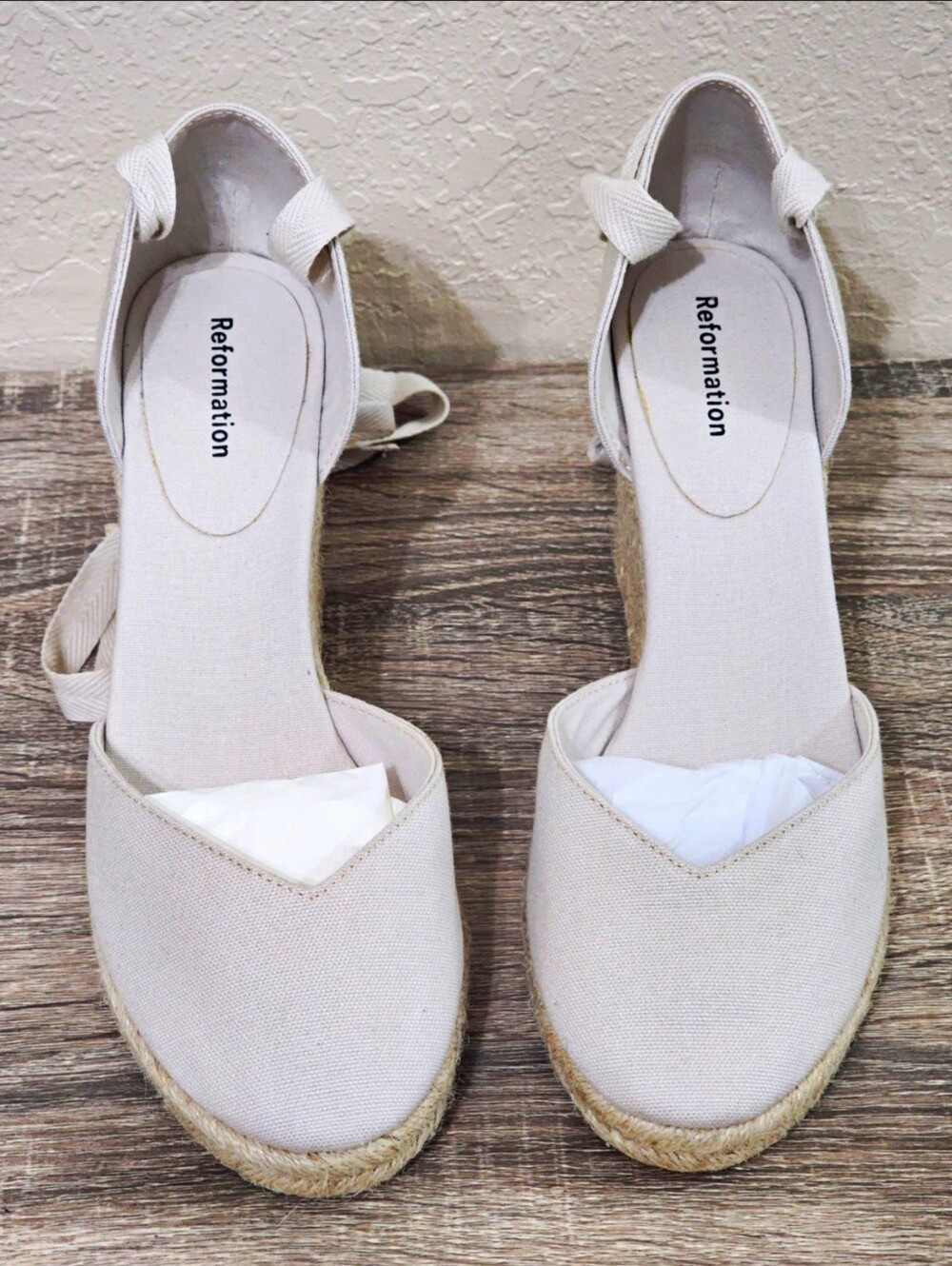 Reformation Camille Cream Canvas Tie-Ankle Espadrille Wedge Sandals Sz 8.5